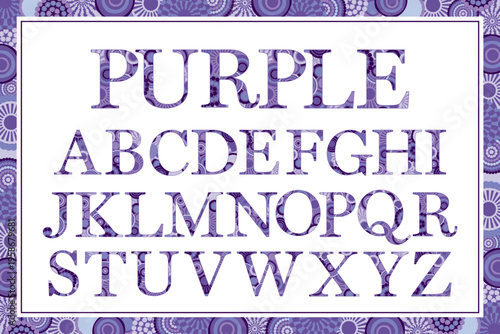 Monogram letter set with a purple whimsical pattern isolated on white. Purple patterned uppercase alphabet. Drop cap in purple pattern