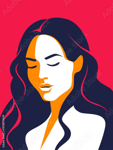 This compelling abstract vector portrait beautifully depicts a thoughtful young woman with elegant flowing dark hair and closed eyes, capturing a serene expression in a modern flat design style perfec