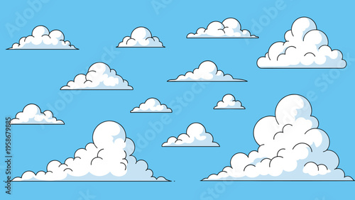Collection of fourteen different white puffy cloud shapes set against a solid bright blue sky background in a simple cartoon style.