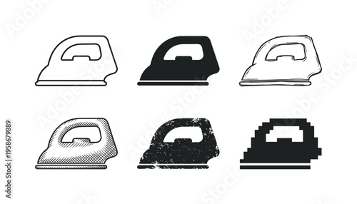Six stylized iron icons arranged in two rows