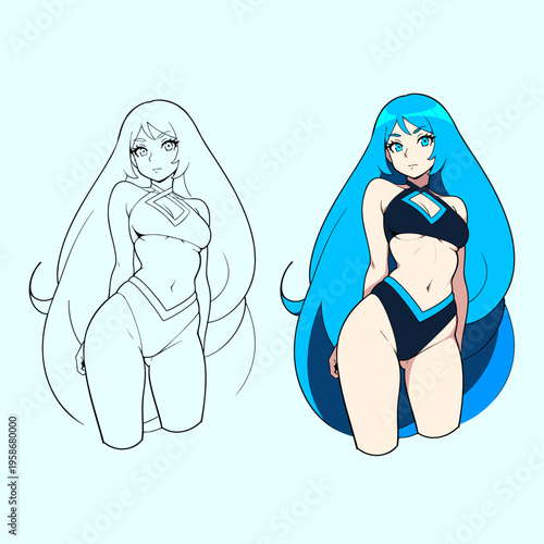 Two versions of a beautiful anime-style woman with striking blue hair and eyes, showcased in both detailed line art and a vibrant, fully colored illustration, creating a captivating comparison for dig