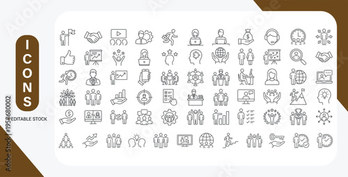 Editable Business People Icon Set – Modern Thin Line Vector Illustrations of Meetings, Communication, Research, Team Structure & Male/Female Avatars