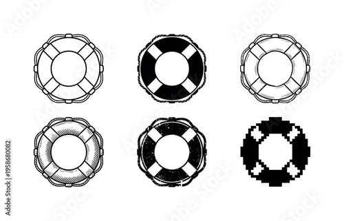 Six lifebuoy icons in monochrome style