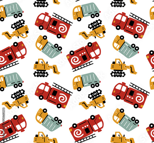 cute fire truck seamless pattern with playful bulldozer wallpaper for kids, vector illustration 