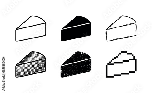 Six stylized cake slices in black and white
