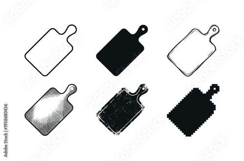 Six chalky cutting board icons in black and white