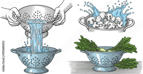 Washing Fresh Vegetables and Leafy Greens in Kitchen Colander Vector Illustration Set Featuring Water Splashes and Hands Pouring From Strainer Isolated on White Background