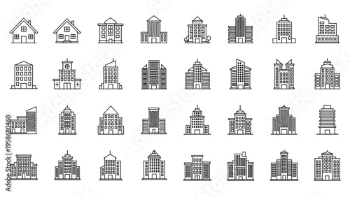 Grid of thirty-two simple black outline icons representing various building types from small houses to large urban skyscrapers.