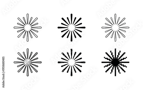 Six stylized starburst shapes in black against white
