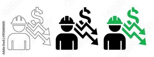 Construction Cost Reduction and Labor Market Inflation Vector Icon with Worker and Dollar