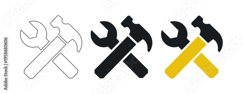 Minimalist Hammer and Wrench Crossed Tool Icons for Construction Maintenance and Repair Design