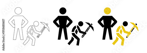 Construction Worker with Pickaxe and Supervisor Vector Icon Set for Mining and Industry