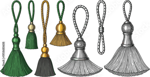 Luxury Metallic Tassels and Braided Cord Illustration Set Featuring Gold Silver and Emerald Silk Fringe for Interior Decor and Curtains Isolated on White Background