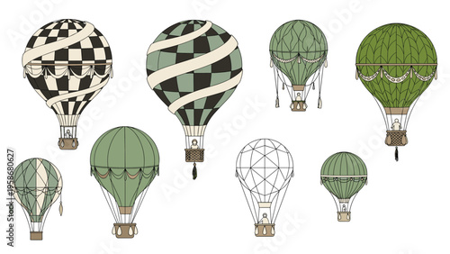 Collection of vintage-style hot air balloons in various shades of green and brown with different patterns like checkers and stripes.