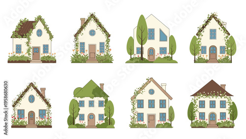 Array of charming cottage houses with diverse architectural styles featuring lush green gardens and climbing plants.