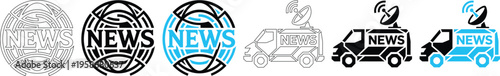 News Broadcasting Vector Icon Set with Global Network Globe and Satellite Television Van