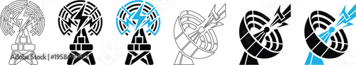 Modern Satellite Dish and Radio Tower Vector Icons Set for Communication and Wireless Technology Concepts