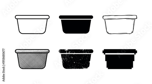 Six plastic containers, black and white, displayed neatly