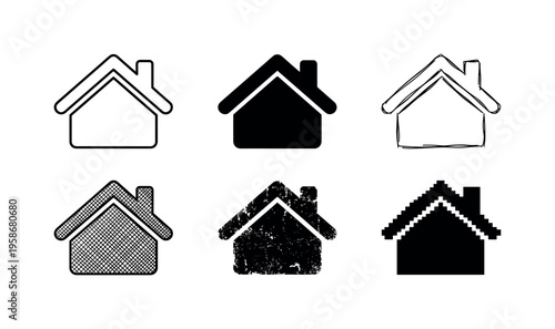 Six simple house icons in black and white