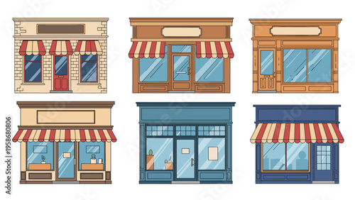 Set of different shop and boutique storefront designs with colorful awnings and large display windows for retail.