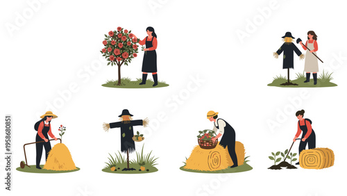 Diverse farmers engaged in various agricultural activities such as picking roses and stacking hay bales in the field.