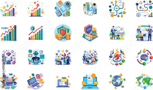 Collection of vector illustrations depicting financial growth, business strategy, and data analysis concepts.