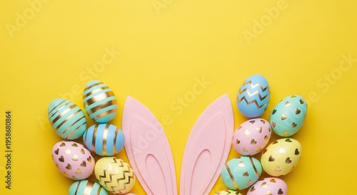 Easter bunny ears and decorated eggs on yellow background