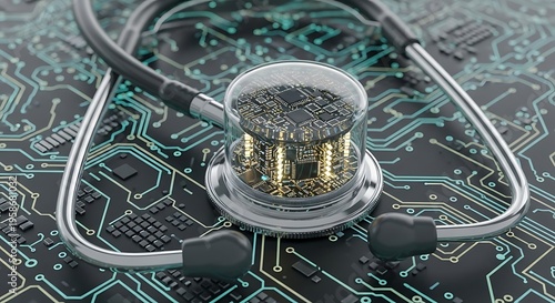 Digital Health - Stethoscope and Circuit Board for Modern Medicine.