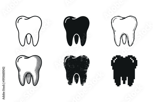 Six tooth icons in black and white styles