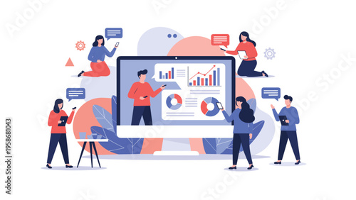 People interacting with a large screen showing charts and infographics representing online education and data analysis.