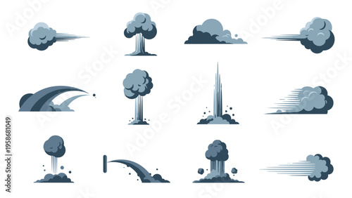 Cartoon style smoke and explosion effects collection featuring various shapes of dust clouds and steam for animation projects.