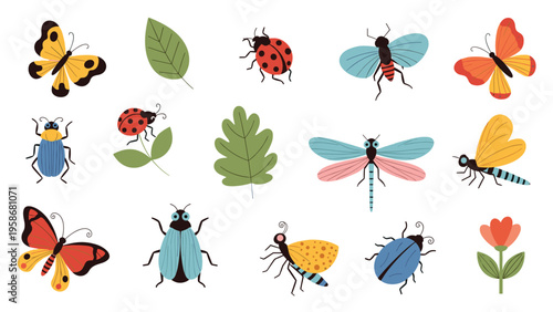 Hand-drawn set of colorful insects and garden elements featuring butterflies, beetles, dragonflies, ladybugs, and green leaves on white.