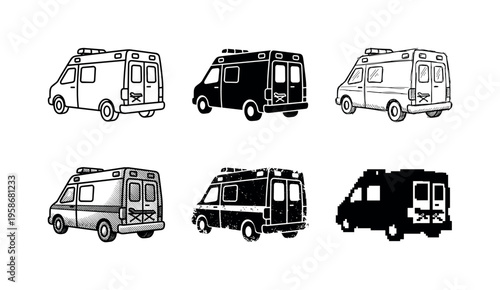 Six stylized camper vans in simple line art