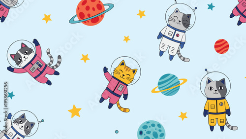 Colorful and cute seamless pattern of cat astronauts floating in space with planets and stars on a light blue background for nursery.
