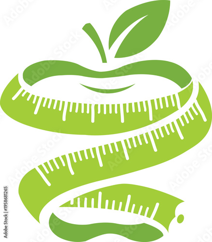 Green measuring tape wrapped around an apple with a leaf on top symbolizing healthy eating
