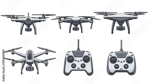 Collection of modern quadcopter drones and remote control units illustrated in a flat style for technology and aerial photography concepts.