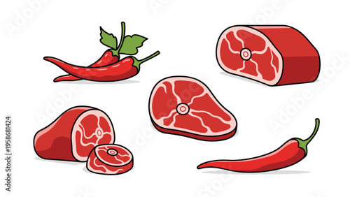 Set of various raw meat cuts including steaks and roasts paired with red hot chili peppers for cooking, butchery, and menu design themes.