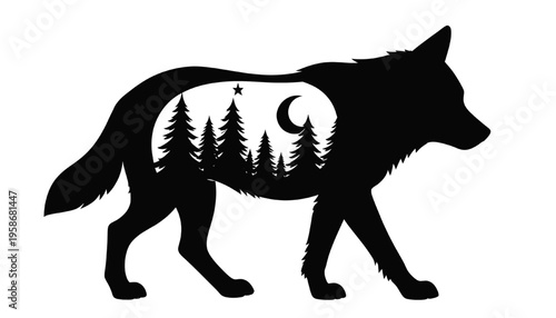 wolf silhouette with forest trees crescent moon and star double exposure style isolated design ideal for wildlife nature tattoo logo and graphic projects
