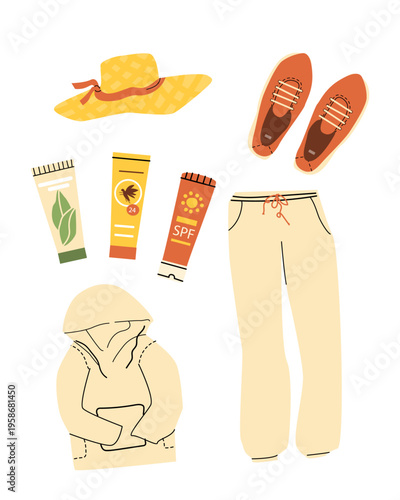 First aid kit and clothes for trip in nature forest. Vector cartoon flat illustration. Sunscreen, skin care from insects icon. Essential kit for camping, vacation, resort on nature