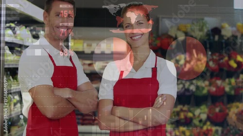 Store staff posing crossed arms produce, camera pulling back, charts overlaying faces showing sales