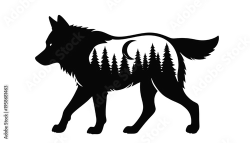 wolf silhouette with forest trees and crescent moon double exposure style isolated design ideal for wildlife nature tattoo print logo and graphic projects