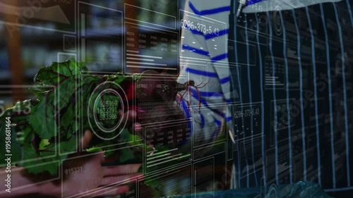 Grocery worker reaching into crate, lifting greens, handing to buyer while data UI updating stock