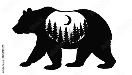 bear silhouette with forest trees and crescent moon double exposure style isolated design ideal for wildlife nature tattoo logo and outdoor themed graphic projects