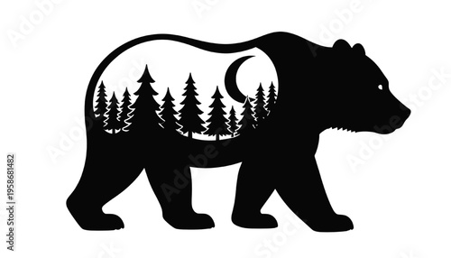 bear silhouette with pine forest trees and crescent moon double exposure style isolated design ideal for wildlife nature logo tattoo and outdoor themed graphics