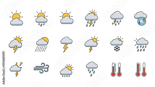 Professional set of flat weather icons depicting sun, clouds, rain, lightning, snow, wind, and temperature for forecasting applications.