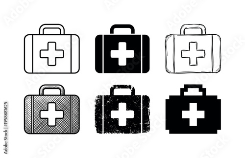 Six stylized first-aid kits in black and white