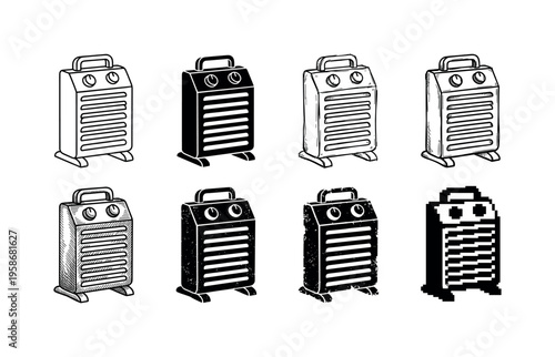Eight electric heaters in black and white arrangement