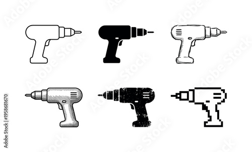 Six electric drills shown in simple black and white outline