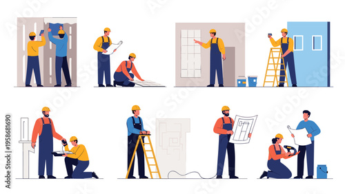 Diverse set of construction workers and builders engaged in various activities like measuring, painting, and reviewing blueprints on a site.