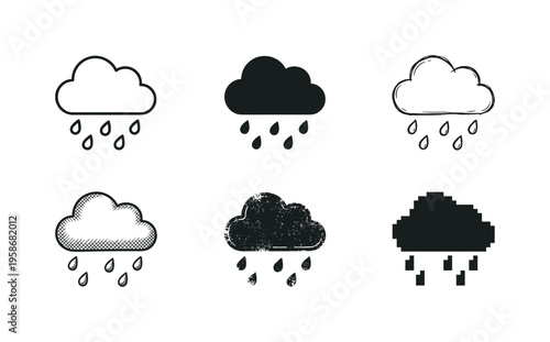 Six cloud icons show rain in varying styles